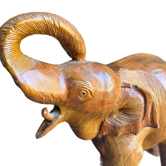 Vintage Hand Carved Large Wooden Elephant Staue Sculpture Trunk Up - Picture 6 of 12